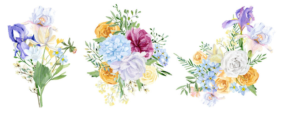 Watercolor floral bouquet illustration with purple pink blue yellow white flowers, wild flowers, green leaves, foliage, branches for wedding stationery, greeting card, baby shower, banner, logo design