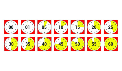 Countdown Timer vector icons . Stopwatch icons set in flat style, digital timer. clock and watch, countdown symbol. Full rotation countdown timer. White background