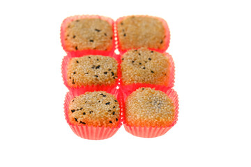 mochi cakes.sesame mochi isolated on white background. Japanese traditional dessert.sesame mochi with poppy seed filling