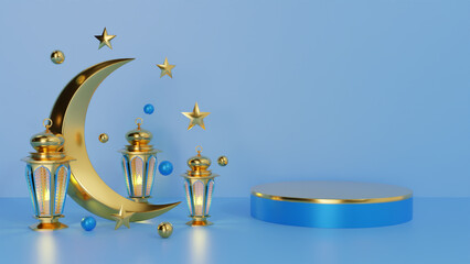 Ramadan Kareem greeting template with arabic lanterns and moon. Podium standing on the background for advertising products - 3d rendering illustration for cards, greetings.