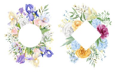 Watercolor  circle floral frame wedding illustration. Hand drawn yellow rose purple iris, violet wildflowers green leaves branches foliage for greetings, fashion, background.