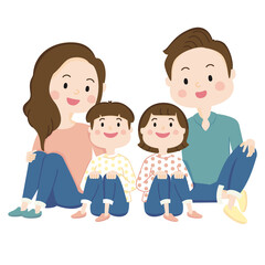 4人家族集合,座る,ポーズ,兄妹,家族,笑顔,子育て素材