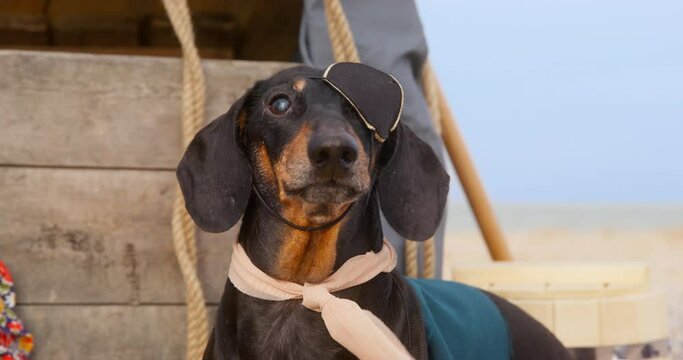 Cute black dachshund friend dressed as pirate with eyepatch sits on beach barking after shipwreck BY ocean in cloudy weather closeup