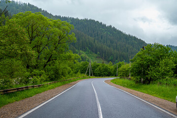 Empty highway road with white marking over dark asphalt against cloudy sky, Landscape with curved road through forest