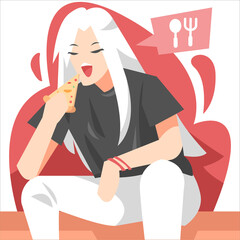 illustration of a young girl eating pizza. spoon and fork icon. hungry, food, culinary. flat vector style.