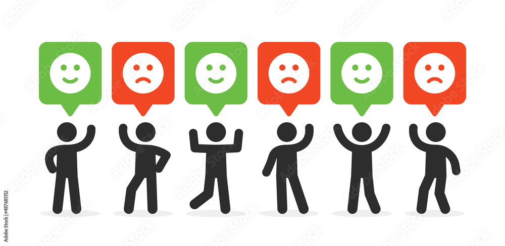 Poster feedback, review with sad and happy face on banner. customer satisfaction icon isolated on white bac