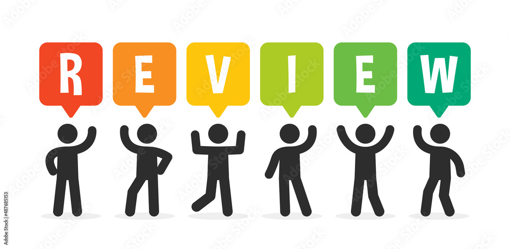 Poster group of people with review text message in colorful design. marketing concept