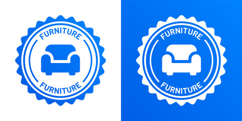Furniture icon on round badge design. Sofa, couch symbol