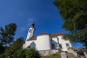 Cerkev Matere Bozje church, the church of our lady, a typical small catholic chapel of central europe, in the afternoon in Ljubno ob savinji, in Slovenia.....