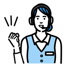 笑顔でガッツポーズをしているオペレーターの若い女性
