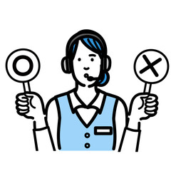 マルバツの札を持って考えているオペレーターの若い女性
