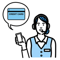 スマホを持ってクレジットカードの説明をしているオペレーターの若い女性
