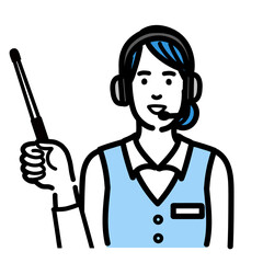 指し棒で解説しているオペレーターの若い女性
