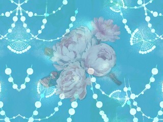 Fototapeta na wymiar Botanical bouquet of roses, peonies and peonies with mother-of-pearl wallpaper illustration 