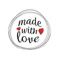 Made with love - text, circle and heart icons on a white background