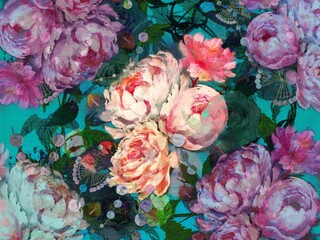 Botanical bouquet of roses, peonies and peonies with mother-of-pearl wallpaper illustration	
