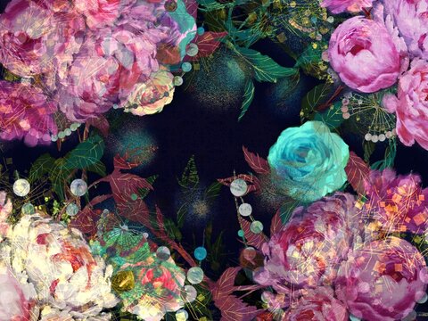 Botanical bouquet of roses, peonies and peonies with mother-of-pearl wallpaper illustration © NORIMA