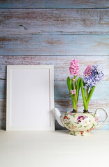 spring hyacinths and rectangular mocap frame, selective focus, copy space