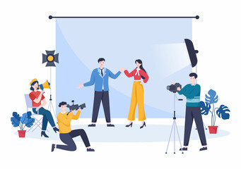 Movie Studio with Camera Crew Team People, Directur, lights, Microphone on Scene Shooting Location for Making Film in Flat Design Background Illustration