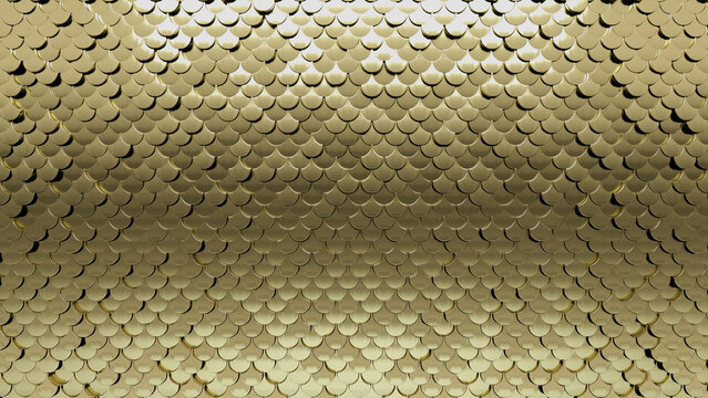 Luxurious Tiles arranged to create a Glossy wall. 3D, Gold Background formed from Fish Scale blocks. 3D Render