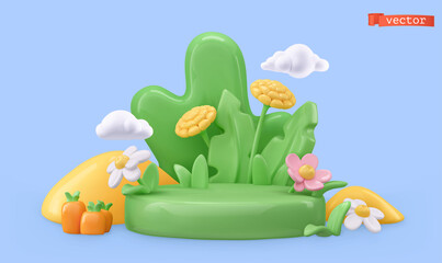 Spring decoration. 3d render vector objects. Green grass, chamomile, dandelion cartoon illustration - 487687512