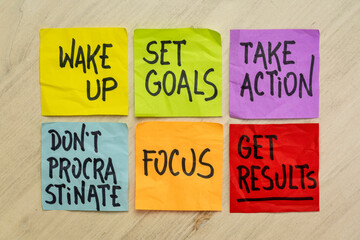 wake up, set goals, take action, focus, do not procrastinate, get results - a set of motivational reminder notes, productivity, business or personal development concept - obrazy, fototapety, plakaty