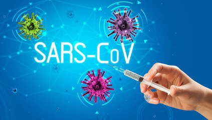 Syringe, medical injection in hand, coronavirus vaccine concept