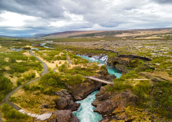 Fototapeta na wymiar Aerial view of rock formations and erosion at Barnafossar water falls in rural Iceland.