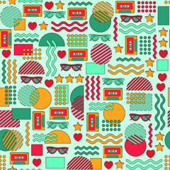 Geometric shapes, glasses, audio cassettes, hearts and stars on a textured background. Decorative bright seamless pattern in the style of the 90s.