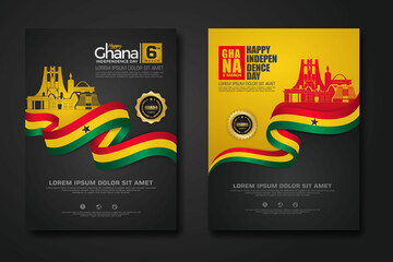 Set poster design Republic Ghana happy Independence Day background template with elegant ribbon-shaped flag, gold circle ribbon and silhouette Ghana city. vector illustrations
