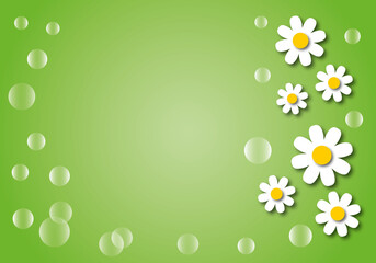 White daisy or chamomile flowers with bubbles and sunlight on green background, nature or spring and summer concept, space for the text, paper cut design style.