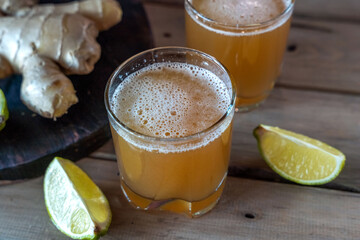 Organic Ginger Ale Soda in a Glass with Lemon and Lime