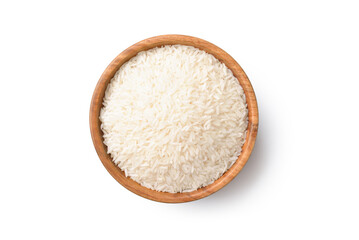 Flat lay (top view) of uncooked rice in wooden bowl isolated on white background. Clipping path.