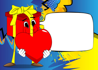 Gift Box with holding a big red heart as a cartoon character. Holiday, Celebration surprise with happy face emotion.