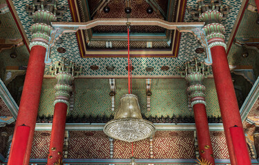 Bangkok, Thailand - Feb 10, 2020 : Architecture chinese-style temple with Decorative chandelier...