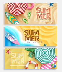 Summer vector banner set design. Summer text in frame decoration with sand beach elements and background for tropical season holiday collection. Vector illustration.
