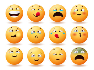 Emoji funny characters vector set. Emoticon emojis with crazy, crying and smiling expression in cross eyed faces for fun and enjoy emoticons reaction collection. Vector illustration.
