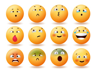 Emoji cute emoticons vector set design. Emoticon character faces with cross eyes, happy, smiling and angry reaction for emojis funny face collection. Vector illustration.
