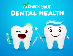Dental emoji teeth vector design. Check your dental health text with kid and dentist tooth emojis character for clean and healthy oral health care. Vector illustration.
