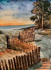 Fotobehang Watercolor painting of Sunrise at the beach in South Carolina, USA © Pawinee