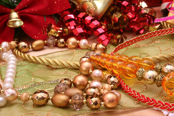 Christmas Decorations Pine Cone and Beads Close up
