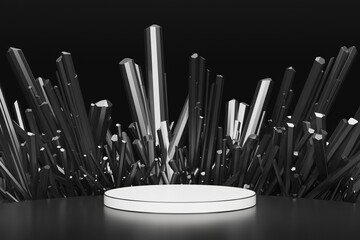 platform design point of sell sale black crystal display dark shadow concept. podium for placing product fashion cosmetic. 3D Illustration.