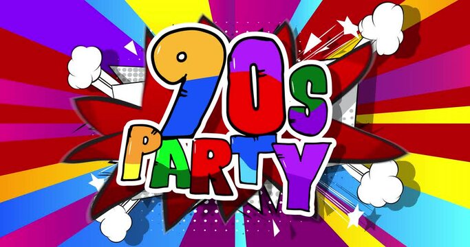 90s Party. Green Yellow Comic Book words. Motion poster. 4k animated words, text moving on abstract comics background. Retro pop art style.