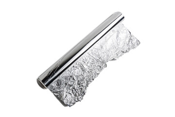 Food grade aluminum foil paper for packaging. Shiny aluminum wrap on a white background. Texture of crumpled aluminium food foil.