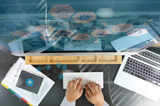 doctor analyzing medical report on network connection Healthcare business graph data Healthcare investment and financial..