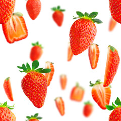 Fresh strawberry seamless pattern. Ripe strawberries isolated on white . Package design background. Falling strawberry selective focus.