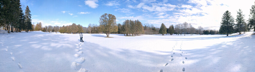 Fototapeta na wymiar Panoramic photo of the public park on deep snow with footprint for a winter weather concept.