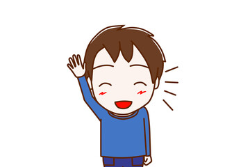 （上半身正面）笑顔で手を挙げて立候補する少年