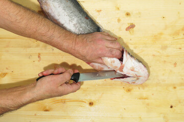 On the cutting board, there is a catfish fish, which the chef is cleaning with a knife.