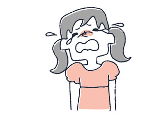 大泣きしている女の子　コミカルな手書きの人物イラスト　ベクター線画にシンプルな色つけ　白バック